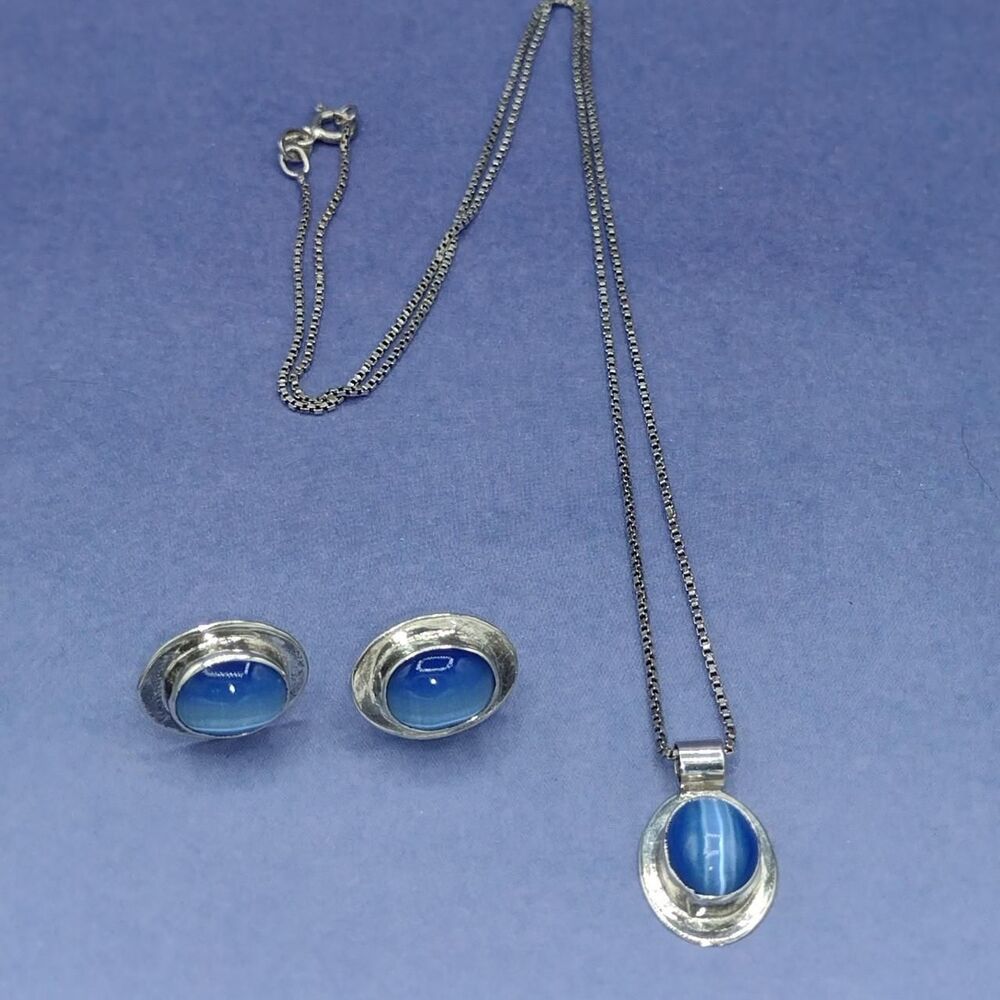 Sterling Silver 925 Cats Eye Necklace and Earring Set Made in Mexico